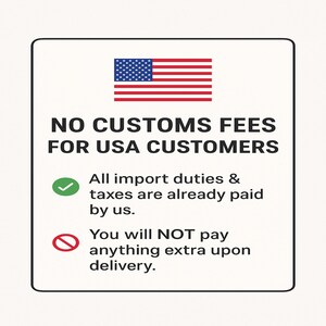 a sign stating "NO CUSTOMS FEES FOR USA CUSTOMERS" with a green checkmark and a red prohibition sign.