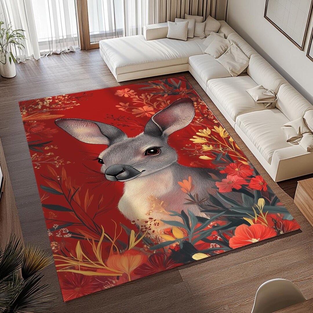 Nomadic Rug, Red Background Rug, Rug With Kangaroo, Animal Print Rug ...