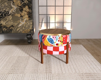 Puf reversível com estampa floral vibrante | Mesa lateral multifuncional em madeira xadrez RB 01/2145
