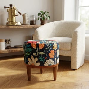 Floral footstool, Poufy ottoman, Round mid table, Rustic kitchen chair, Cozy footrest, Round desk chair, Vanity pouf stool, Handmade bench