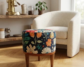 Floral footstool, Poufy ottoman, Round mid table, Rustic kitchen chair, Cozy footrest, Round desk chair, Vanity pouf stool, Handmade bench