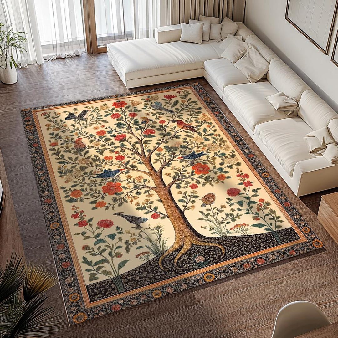 ビンテージ ラグ ボタニカルラグ、ヴィンテージスタイルラグ、鳥柄ラグ、ニュートラル