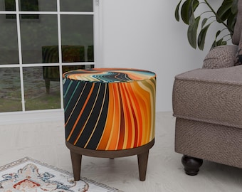 Orange footstool, Striped pouf stool, Livingroom furniture, Round ottoman bench, Indoor bench seating, Nomadic footrest, Bohemian home decor