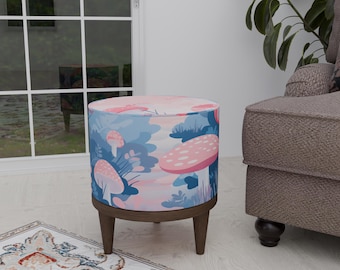 Mushroom print bench, Pinky footstool, Cute round pouf, Boho round chair, Elegant pouf stool, Coffee table stool, Long lasting pouf