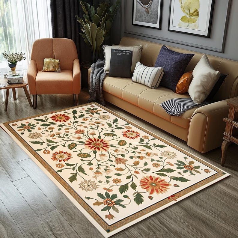 Floral rug, Vintage style rug, Artistic rug, Custom rug, Everyday rug, Machine washable rug, Large rug, TV room rug, Anti slip rug, RB-1135