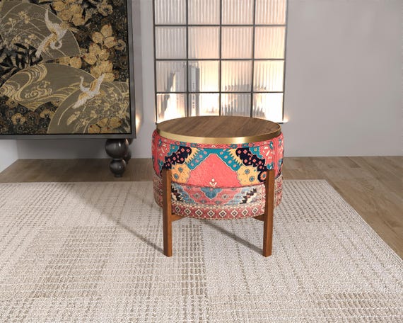 Vibrant Coral Medallion Ottoman | Stylish Versatile Wood Lid Footstool