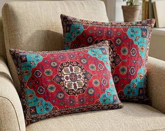 Red and Teal Turkish Kilim Pattern Pillow Cover, Double Sided Washable Fabric, RB-2245