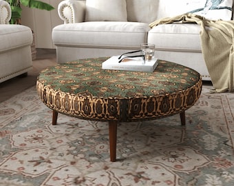 Forest Green Round Ottoman | Circle Patterned Coffee Table | Upholstered Accent Footstool