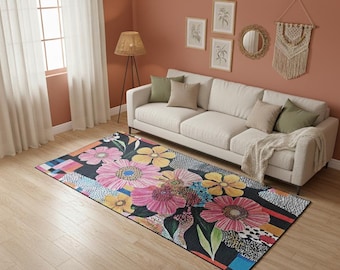Floral rug, Colorful rug, Low pile rug, Saloon decor rug, Printed rug, Foldable rug, Machine washable rug, Non slip back rug, RB-1146
