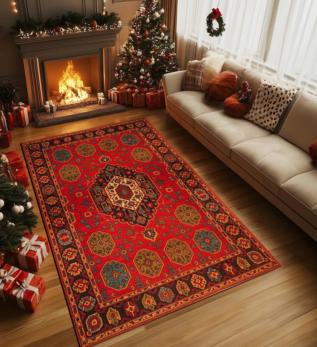 Red Trail Rug Red Tribal Rug With Repeating Medallion Pattern for Rustic Farmhouse ...