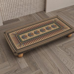 Tan Lotus Floral Wood Seat | Traditional Geometric Pattern Home Platform, RB-2623