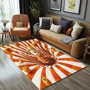 May include: An orange and white striped rug with a smiling scarecrow falling into a hole. The scarecrow is wearing a brown hat and a red and white checkered shirt. The rug is decorated with orange pumpkins.