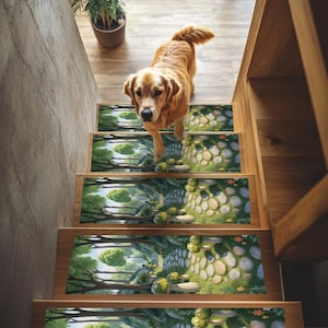 May include: A golden retriever stands on a wooden staircase with decorative stair treads. The treads feature a whimsical forest scene with a stone path, trees, and greenery. A potted plant sits at the top of the stairs.