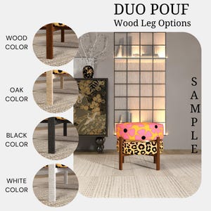 a living room with a unique and colorful ottoman, featuring a leopard print pattern. The ottoman is placed in front of a bookshelf, which has a glass door. The image also includes a color swatch for the ottoman, showcasing different wood leg colors, such as oak, white, black, and pink.