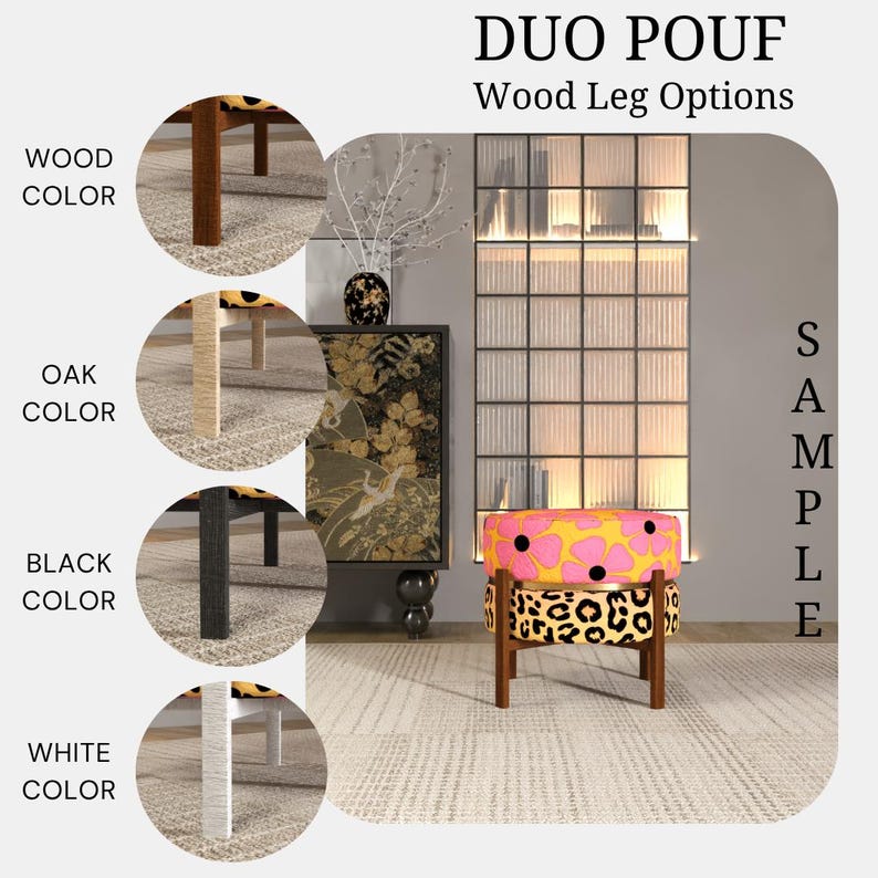 a living room with a unique and colorful ottoman, featuring a leopard print pattern. The ottoman is placed in front of a bookshelf, which has a glass door. The image also includes a color swatch for the ottoman, showcasing different wood leg colors, such as oak, white, black, and pink.