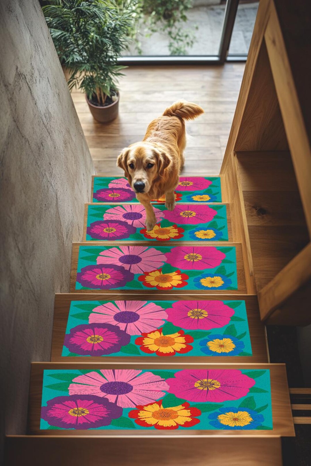 ティールピンクの花柄階段マット｜カラフルな花柄ホームマット、RB