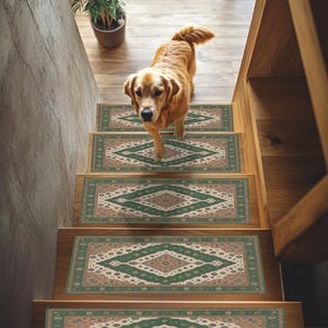 May include: Golden Retriever dog walking down a wooden staircase with green, beige, and brown patterned stair treads. The stair treads have a geometric design. A potted plant is visible at the top of the stairs.