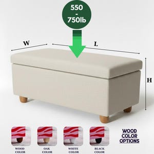 a beige storage bench with a storage compartment, and it is labeled with dimensions and color options.
