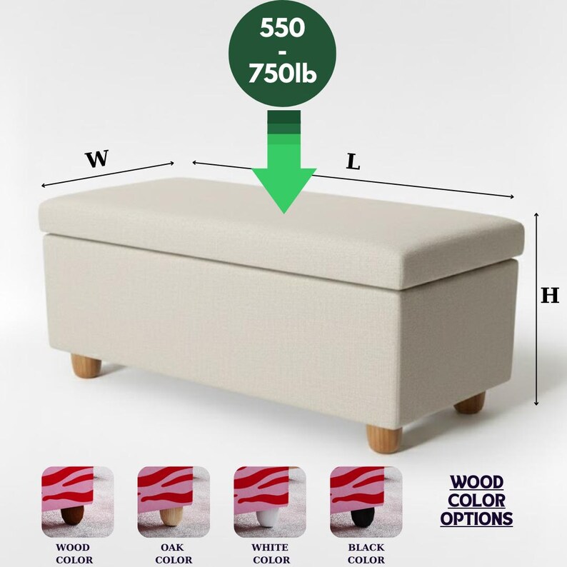 a beige storage bench with a storage compartment, and it is labeled with dimensions and color options.