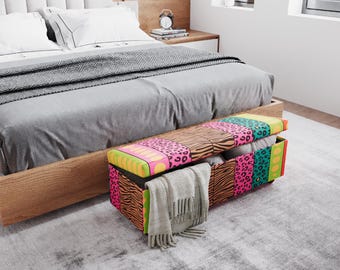 Veelkleurige poef met patchwork opbergruimte met verborgen compartiment, gestoffeerde bedbank RB 2124