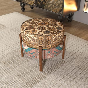 a decorative ottoman with a floral pattern on a rug in a room.