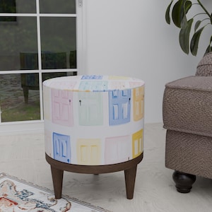 Pastel at print, Door pattern stool, Soft touch footrest, Handmade pouf, Poufy ottoman, Side of bed table, Round pouf stool, Classic stool