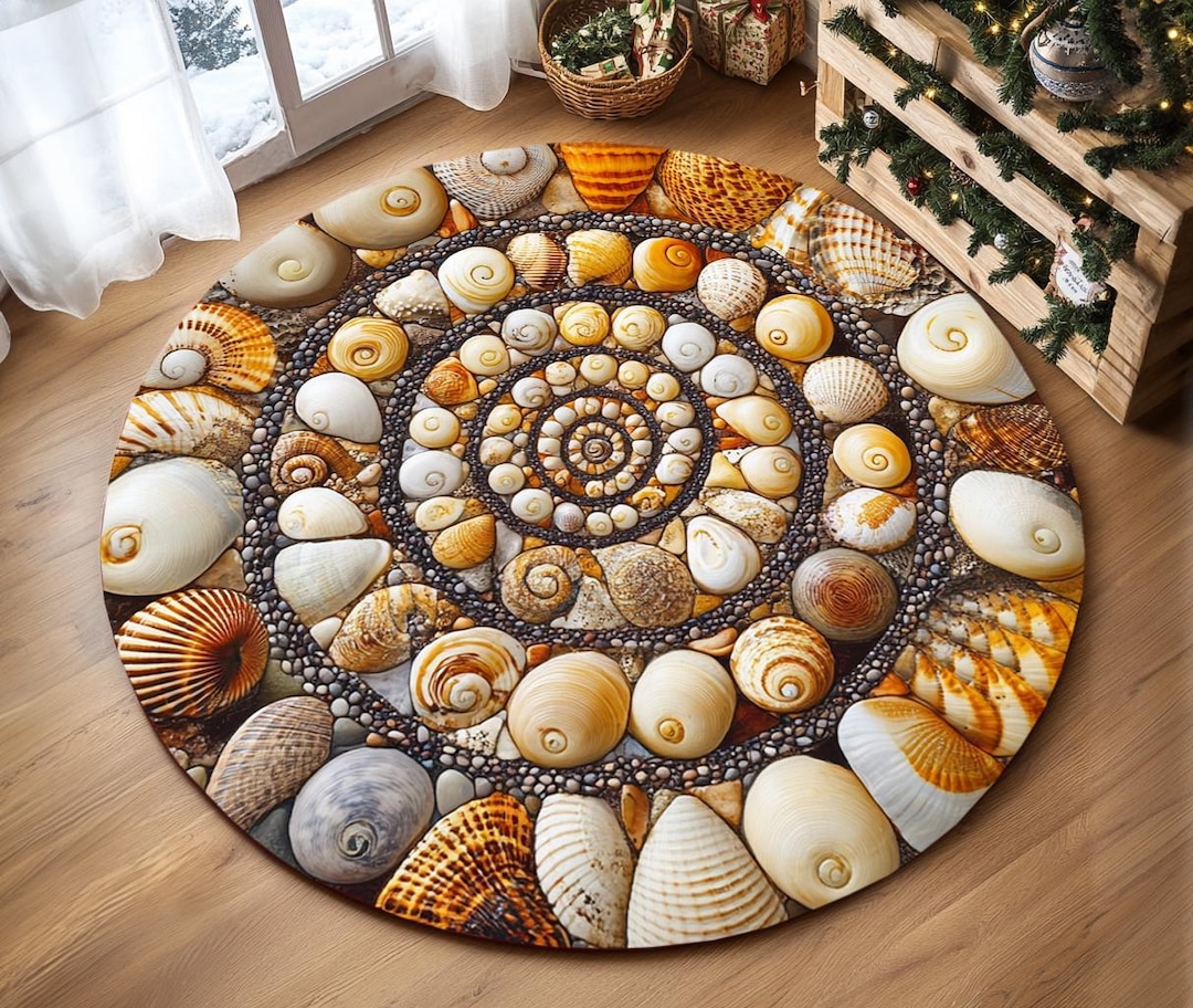 Sea Shell Patern Rug Seashell Print Rug, Coastal Rug, Circle Rug for Living Room, Farmhouse ...