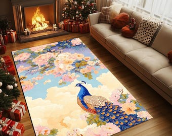 孔雀柄ラグ、芸術的なラグ、日常使いのラグ、リビングルームのラグ