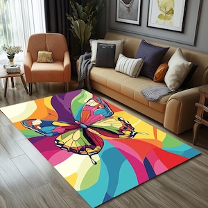 Rainbow color rug, Butterfly printed rug, Artistic area rug, Washable rug, Rug for corridor, Poppy rug, Non slip backing rug, RB-1447