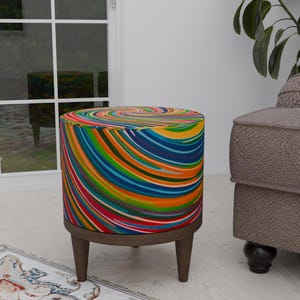Colorful vortex pouf, Striped footstool, Ottoman round bench, Front window seating, Strong footrest, High end furniture, Round end table