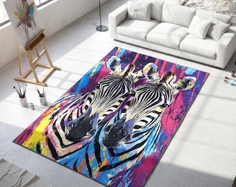 Alfombra multicolor, Alfombra moderna, Alfombra con estampado de cebra, Alfombra artística con animales, Alfombra neutra, Alfombra para lavandería, Alfombra para dormitorio, Alfombra antideslizante lavable, RB-1405