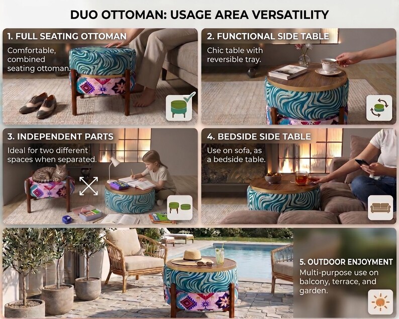 The image is a collage of five photos showcasing the versatility of a furniture piece called the "Duo Ottoman". The photos depict the furniture piece in various settings, including a full seating Ottoman, a functional side table, an independent parts table, a side table, and an outdoor table. The furniture piece is designed to be used in different spaces, such as a living room, patio, and bedroom, and can be used for outdoor enjoyment, as well as for indoor use.