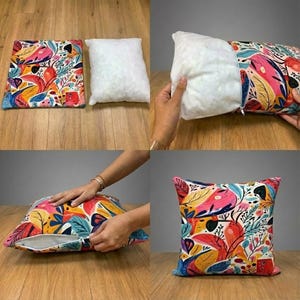 The image is a collage of four photos showing the process of placing a pillow on a wooden surface. The first photo shows a colorful pillow with a floral pattern, the second photo shows the pillow with a white pillow inside, the third photo shows the hand placing the pillow on the wooden surface, and the fourth photo shows the completed pillow with the colorful pattern visible.