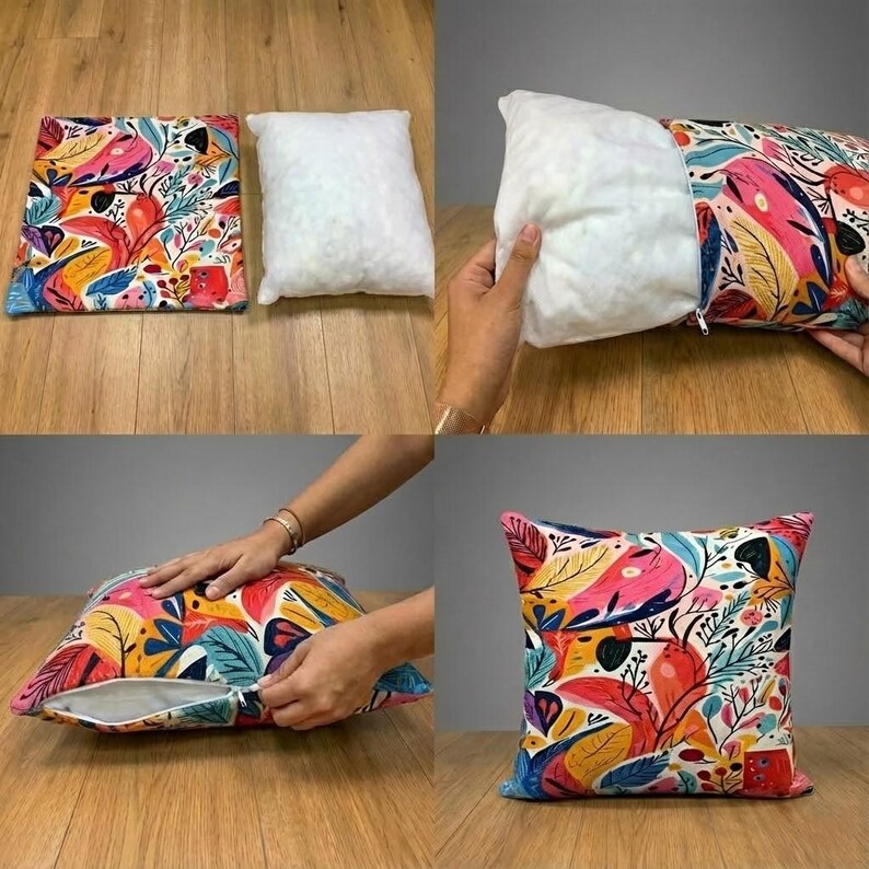 The image is a collage of four photos showing the process of placing a pillow on a wooden surface. The first photo shows a colorful pillow with a floral pattern, the second photo shows the pillow with a white pillow inside, the third photo shows the hand placing the pillow on the wooden surface, and the fourth photo shows the completed pillow with the colorful pattern visible.