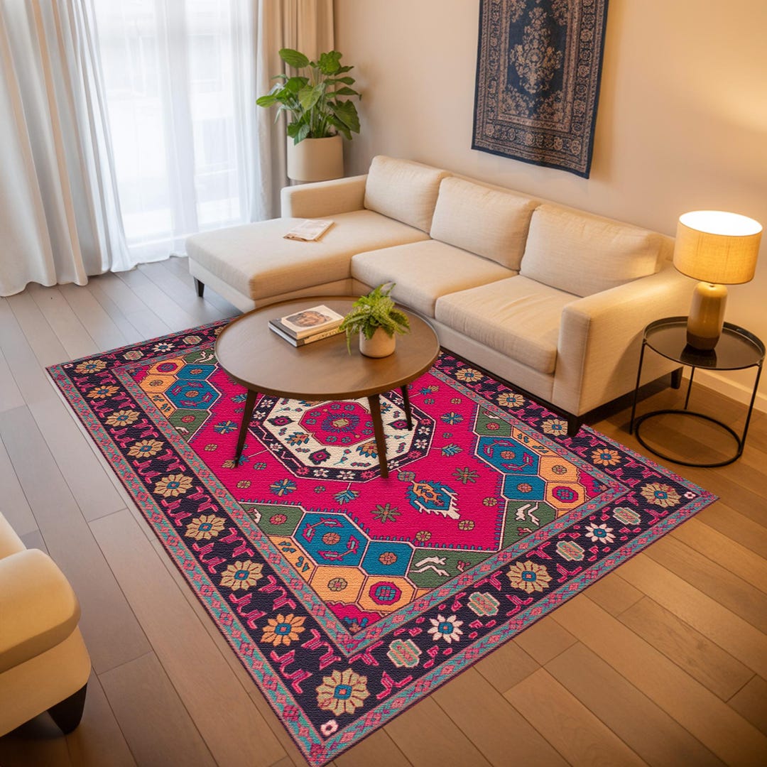 Border Area Rug Pink Hot Pink Area Rug Features Navy Borders and Colorful Central Medallion ...
