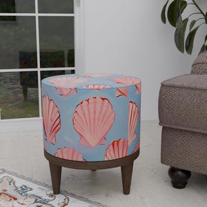 Shell print pouf, Sea inspired stool, Wood work footrest, Round Mid table, Accent piece pouf, Soft touch footstool, Round piano seat