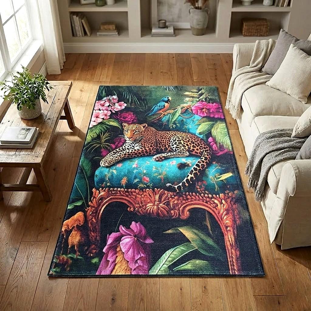 Leopard Print Rug, Botanical Rug, Jute Rug, Custom Sizes Rug