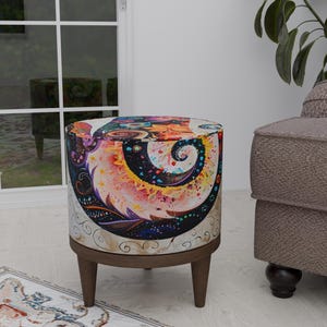 Floral foot stool, Handmade footrest, Lovely home decoration, Round entryway stool, Wood work stool, Vanity footrest, Artistic pouf stool