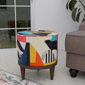 Abstract print footstool, Multipurpose pouf, Padded round bench, Fireside seating, Livingroom decoration, Utility shoe bench, Round footrest
