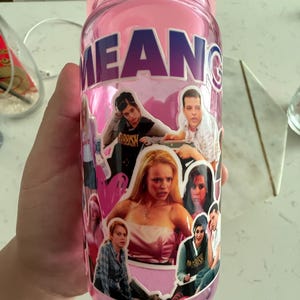 Pode incluir: Garrafa de água rosa com tampa rosa e a palavra "MEANG" em letras roxas e brancas. A garrafa é decorada com imagens de personagens do filme "Mean Girls".