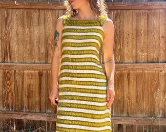 Vintage 60s Handmade Olive Green & White Striped Sleeveless Mod Mini Dress w/ Chenille Trim!