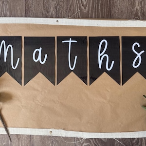 Puede incluir: Un cartel con la palabra "maths" en escritura blanca sobre cinco banderines negros. Los banderines están dispuestos sobre un fondo de papel marrón, enmarcados por un borde de tela beige. La vegetación acentúa los bordes.