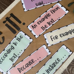 May include: A brown poster board with colorful rectangular labels. The labels have black polka dot borders and text such as "The author said...", "An example from the text...", and "Because...". The poster board is decorated with black lettering.