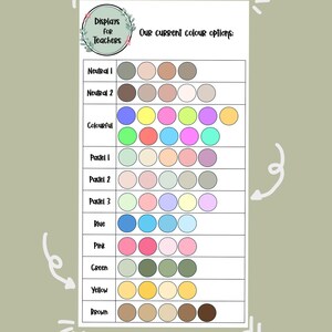 May include: A chart titled "Displays for Teachers" with color options. The chart includes rows for Neutral, Colourful, Pastel, Blue, Pink, Green, Yellow, and Brown. Each row displays a series of colored circles.