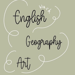 Puede incluir: Gráfico digital sobre un fondo verde claro. Las palabras "English", "Geography" y "Art" están escritas en escritura cursiva negra. La palabra "black" está escrita encima de "English". Remolinos y líneas blancas decoran la imagen.