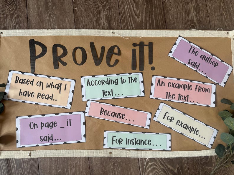 May include: A brown banner with the words "Prove it!" in large black letters. Several rectangular cards with black polka dot borders and text like "Based on what I have read..." and "According to the text..." are arranged on the banner.