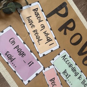 May include: A brown poster with the word "PROVE" in large black letters. Several rectangular cards with black polka dots and text like "Based on what I have read..." and "On page - it said..." are arranged on the poster.