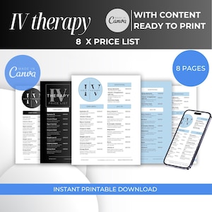 IV Therapy price list Canva Menu | IV Hydration Template price list, IV drip Therapy price list canva, iv hydration menu