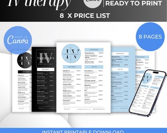 IV Therapy price list Canva Menu | IV Hydration Template price list, IV drip Therapy price list canva, iv hydration menu