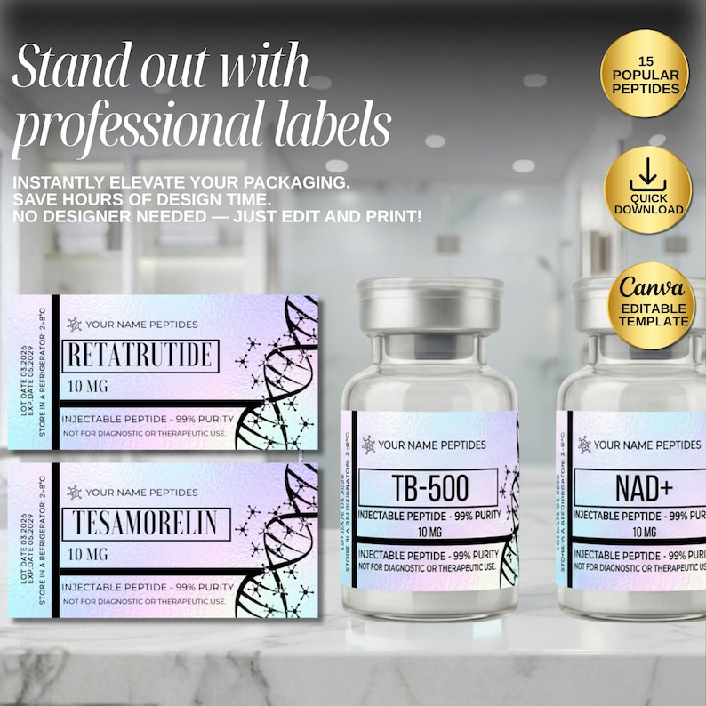Peptide Label Template, retatrutide Printable Label for Peptide Therapy Canva, peptide vial label , peptide marketing, nimbot template canva